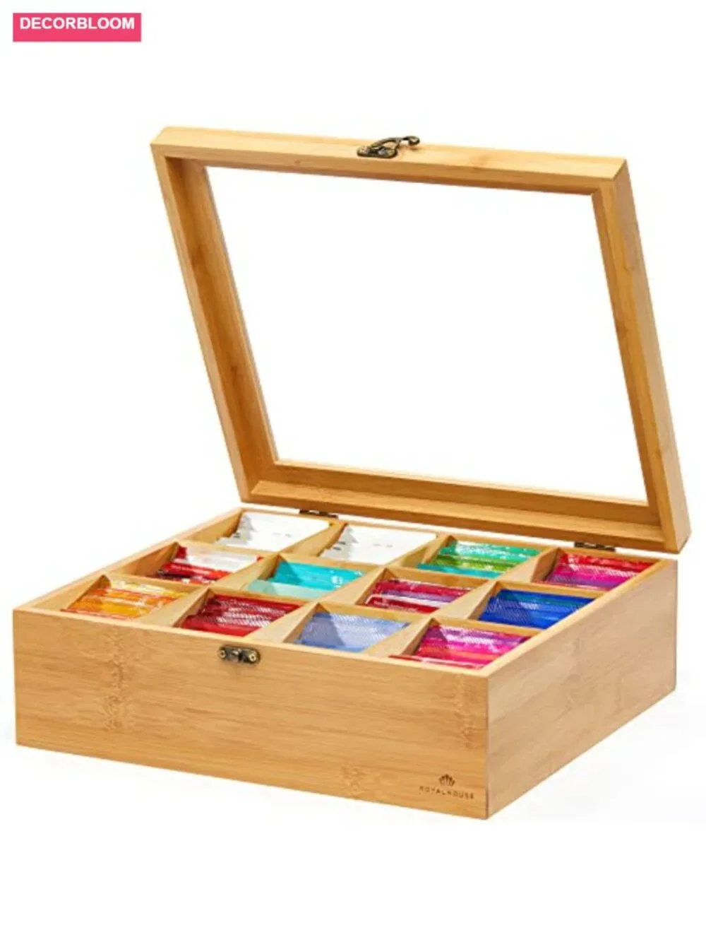 12-Compartment Natural Bamboo Tea Organizer with Acrylic Window